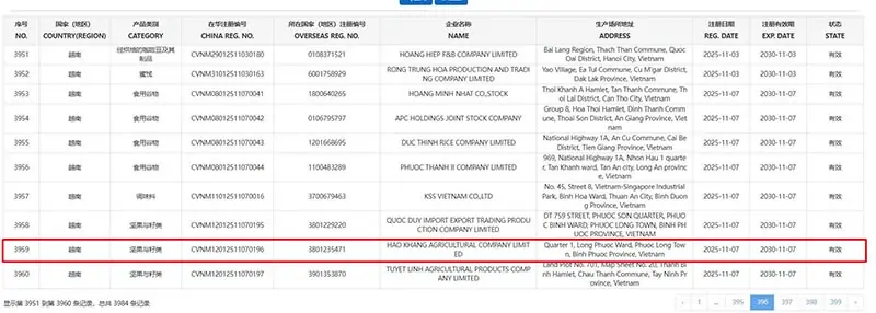 kết quả tra cứu mã GACC của Hào Khang trên hệ thống CIFER